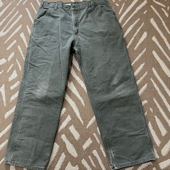 Carhartt Distressed & Faded Flannel Lined B11 MOS Green Workwear Pants Sz 40x32 - Picture 1 of 10